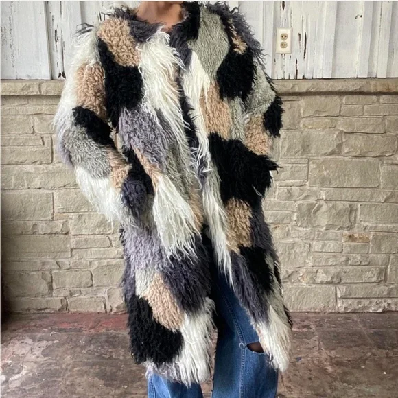 Multicolor patchwork shaggy faux fur coat shearling duster jacket - Picture 1 of 6
